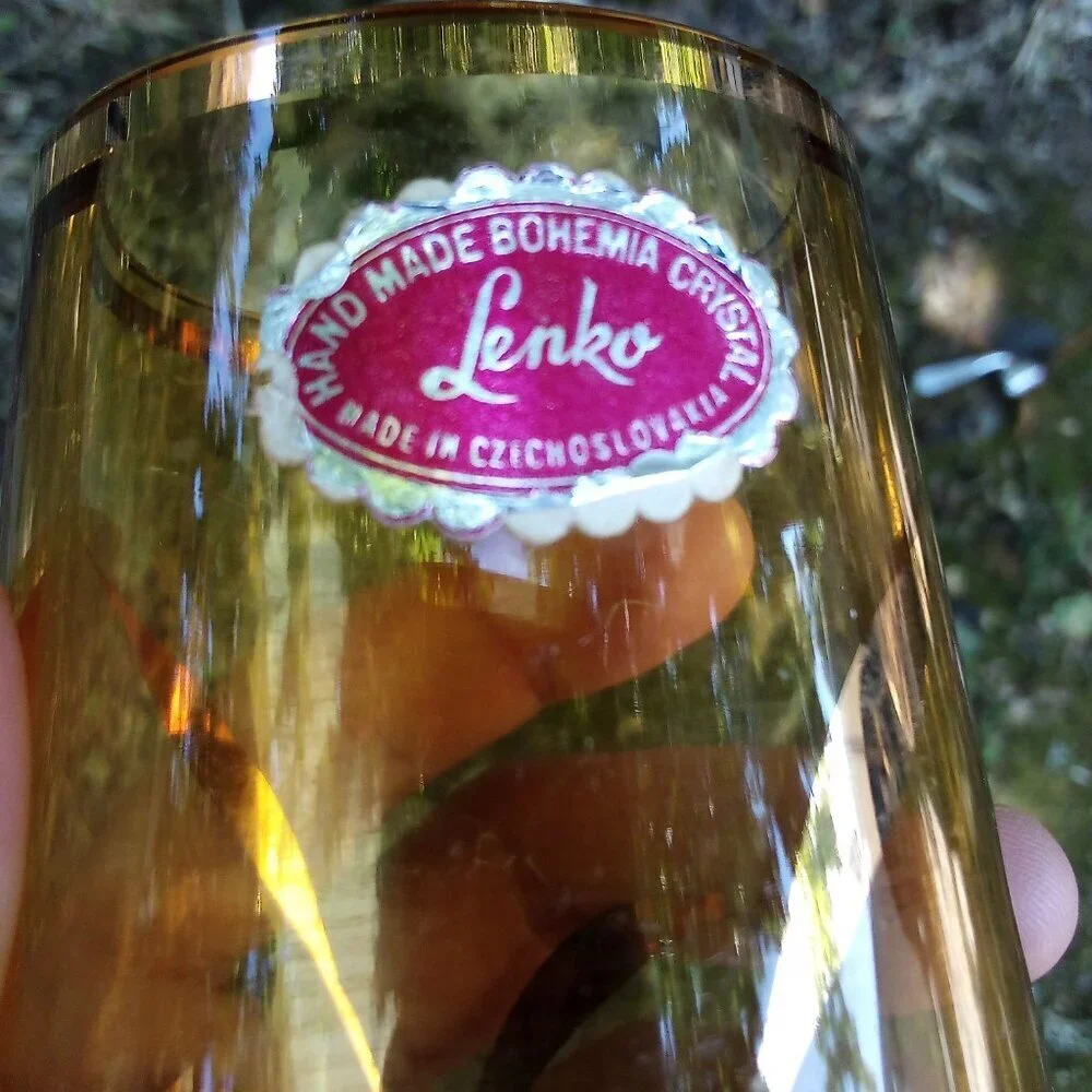 Vintage Lenko Gold Gilt Amber Glass Vase Czekoslavakia